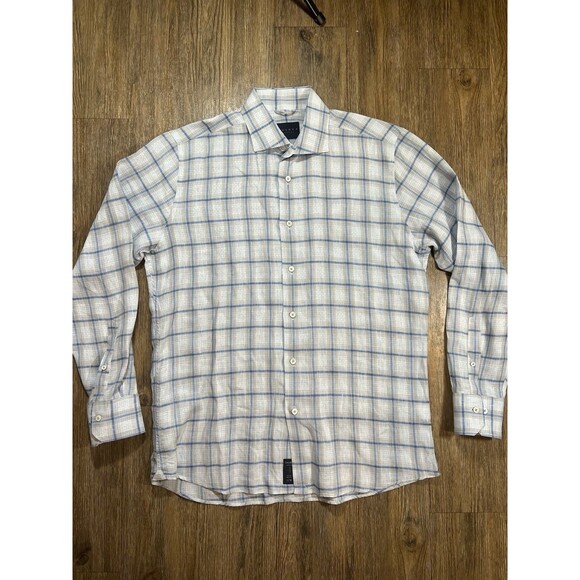 CALDER Carmel Mens Shirt L Blue/Gray Plaid 100% Linen Limited Edition 1/70 - Picture 1 of 11